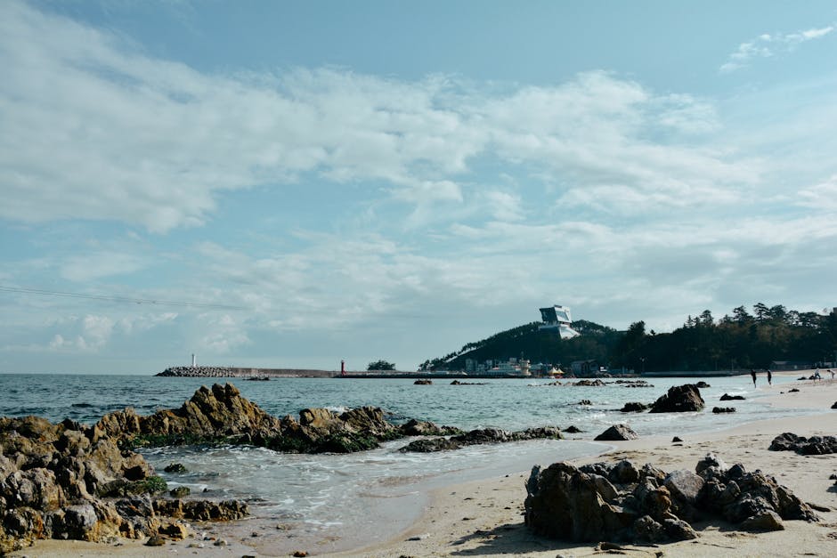 Peaceful beach scene with rocks and ocean in South Korea, perfect for travel enthusiasts.